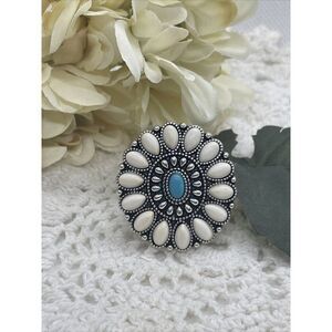 SALE BUFFALO WHITE Southwest Pendant Silver Adjustable Ring TURQUOISE Center